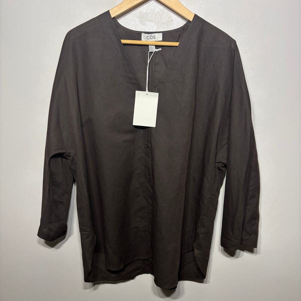 COS NWT Blouse Chocolate Brown Barrel Sleeve Linen Cotton Button Career L $109